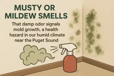 Musty mold odors from dirty air ducts in humid Everett WA climate