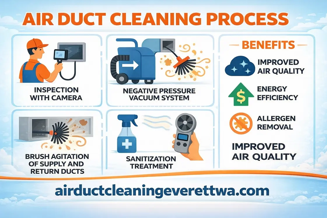 Infographic showing the step-by-step professional air duct cleaning process in Everett WA
